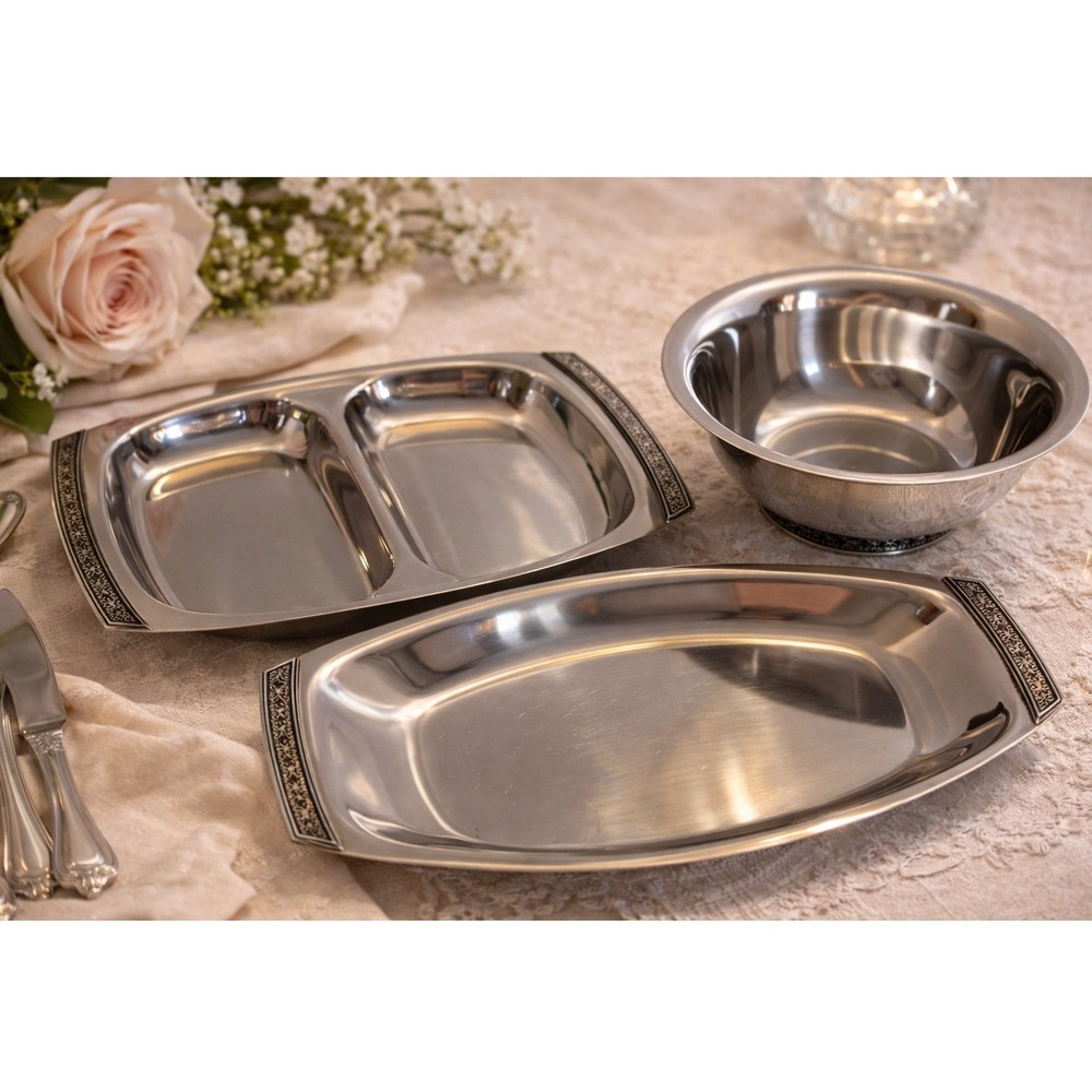 Vtg MCM Madeira Stainless‎ Serving Set Trays Divided Dish Bowl Floral Rim